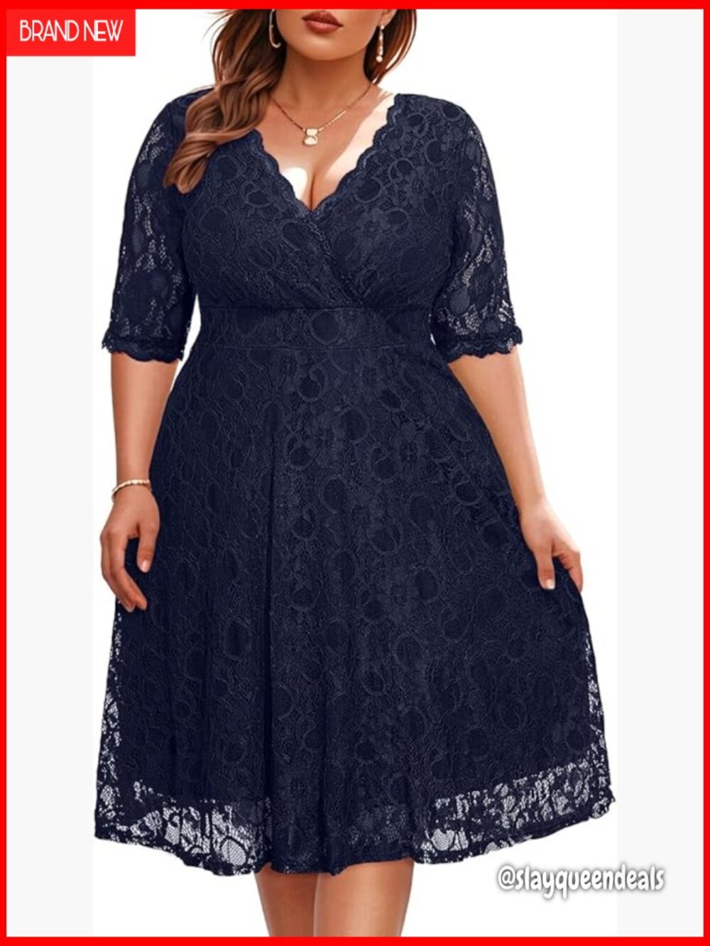Plus Size Lace Wrap V Neck Knee Length Cocktail Dress Wedding Guest